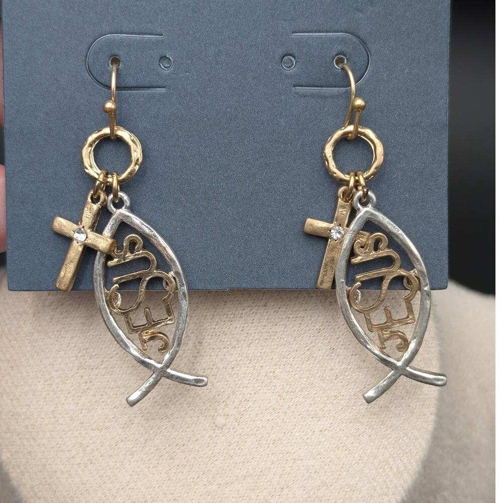 Crave Earrings Jesus Fish Ichthys Cross Dangle Religious Christian Jewelry Gift